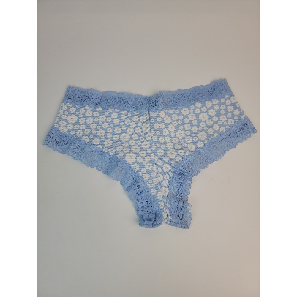 PINK Victorias Secret Blue Floral Ribbed Lace Trim Cheeky Panty Small NEW - Picture 2 of 7